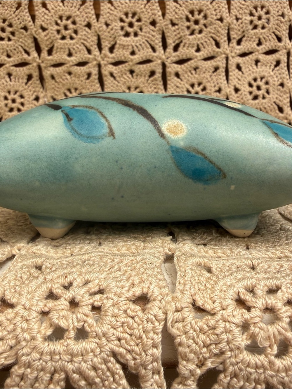Vintage Studio Pottery Pillow Ikebana Vase Flower Frog Stamped MK Blue Teal - Picture 3 of 11